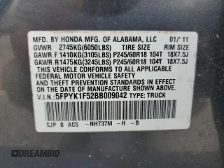2011 Honda Ridgeline RTL with VIN 5FPYK1F52BB009042, listed as a Copart auction lot 69439004 with 119,889 mi miles and Salvage Title. Bid and sale history available at carsss.com. Image 12.