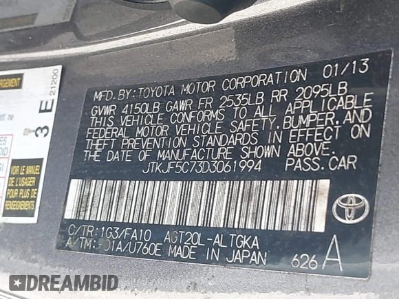 2013 Scion tC with VIN JTKJF5C73D3061994, listed as a IAAI auction lot 41785859 with 133,610 mi miles. Bid and sale history available at carsss.com. Image 9.