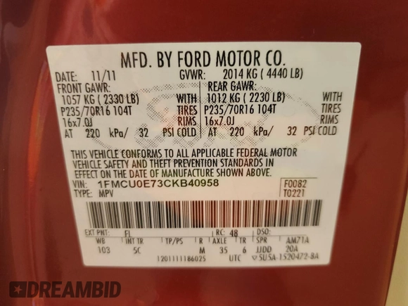 2012 Ford Escape Limited with VIN 1FMCU0E73CKB40958, listed as a Copart auction lot 55234405 with 116,664 mi miles and Salvage Title. Bid and sale history available at DreamBid. Image 13.