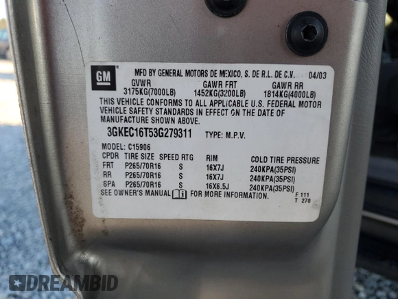 2003 GMC Yukon XL SLT with VIN 3GKEC16T53G279311, listed as a Copart auction lot 76951074 with 147,239 mi miles and Salvage Title. Bid and sale history available at carsss.com. Image 16.