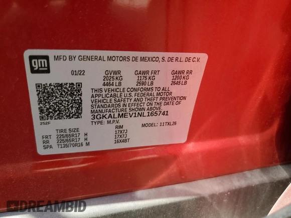 2022 GMC Terrain SLE with VIN 3GKALMEV1NL165741, listed as a Copart auction lot 53350335 with 72,112 mi miles and Salvage title. Bid and sale history available at DreamBid. Image 14.