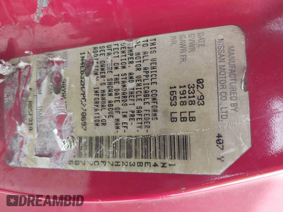 1993 Nissan Sentra z VIN 1N4EB32H7PC770697, wystawiony jako IAAI lot #41727754 z przebiegiem 210 152 mil mil oraz . Historia ofert i sprzedaży dostępna na DreamBid. Obrazek 9.