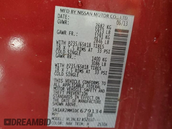 2013 Nissan Pathfinder SL with VIN 5N1AR2MM1DC679134, listed as a Copart auction lot 57031655 with 124,355 mi miles and Salvage title. Bid and sale history available at DreamBid. Image 13.