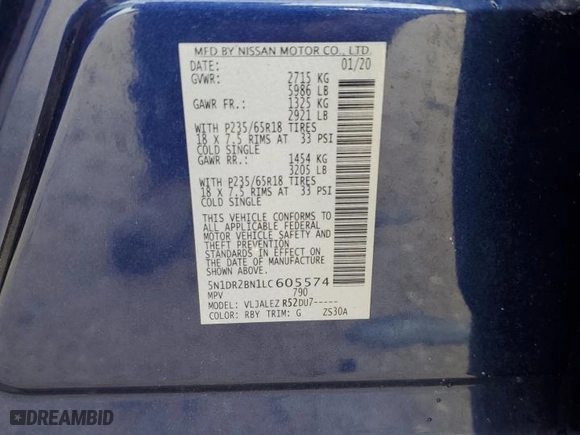 2020 Nissan Pathfinder SV with VIN 5N1DR2BN1LC605574, listed as a Copart auction lot 71438293 with 43928 miles and Salvage Title. Bid and sale history available at carsss.com. Image 13.