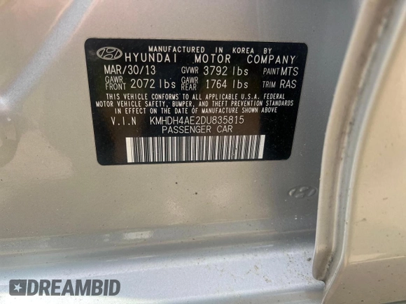 2013 Hyundai Elantra GLS с VIN KMHDH4AE2DU83581, выставлен на аукционе Copart как лот 59219095 с пробегом 154 778 миль миль и Чистый • Clean title. История ставок и продаж доступна на DreamBid. Изображение 10.