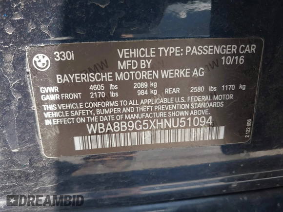 2017 BMW 3 Series 330i с VIN WBA8B9G5XHNU51094, выставлен на аукционе IAAI как лот 42489396 с пробегом 66 100 миль миль и . История ставок и продаж доступна на DreamBid. Изображение 9.