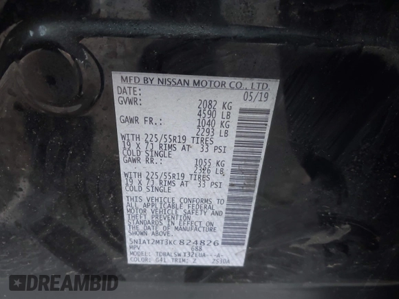 2019 Nissan Rogue SL with VIN 5N1AT2MT3KC824826, listed as a IAAI auction lot 41733176 with 67,226 mi miles and . Bid and sale history available at DreamBid. Image 9.