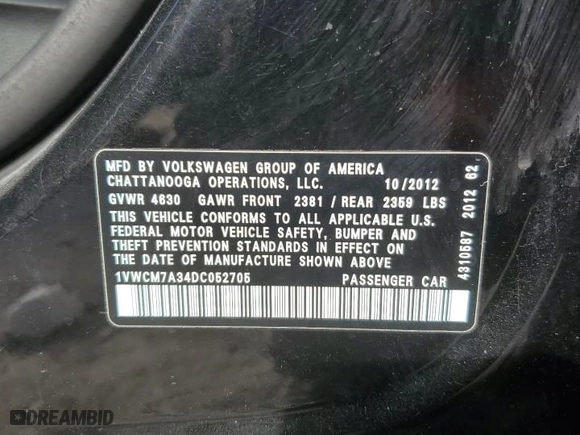 2013 Volkswagen Passat SEL Premium with VIN 1VWCM7A34DC052705, listed as a Copart auction lot 80663534 with 95,074 mi miles and Salvage Title. Bid and sale history available at carsss.com. Image 12.