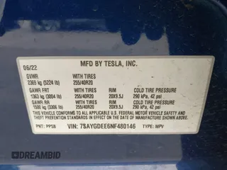 2022 Tesla Model Y Long Range with VIN 7SAYGDEE6NF480146, listed as a IAAI auction lot 41906361 with 31,939 mi miles and . Bid and sale history available at carsss.com. Image 9.