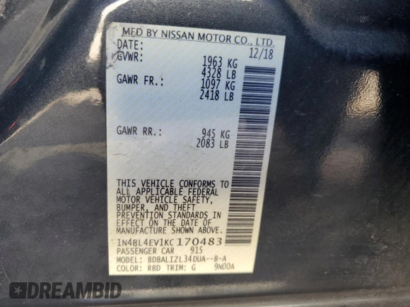 2019 Nissan Altima 2.5 SL with VIN 1N4BL4EV1KC170483, listed as a Copart auction lot 47097045 with 137,099 mi miles and Salvage Title. Bid and sale history available at carsss.com. Image 14.