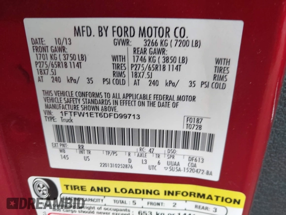 2013 Ford F-150 XL z VIN 1FTFW1ET6DFD99713, wystawiony jako IAAI lot #42367213 z przebiegiem 53 997 mil mil oraz . Historia ofert i sprzedaży dostępna na DreamBid. Obrazek 9.