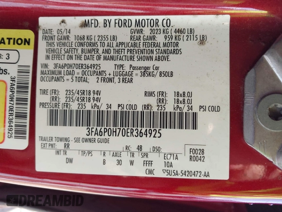 2014 Ford Fusion SE with VIN 3FA6P0H70ER364925, listed as a IAAI auction lot 41892610 with 166,852 mi miles and . Bid and sale history available at DreamBid. Image 9.