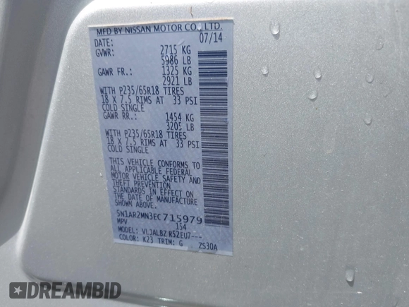 2014 Nissan Pathfinder Platinum with VIN 5N1AR2MN3EC715979, listed as a IAAI auction lot 42674730 with 131,156 mi miles and . Bid and sale history available at DreamBid. Image 9.