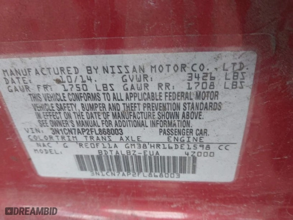 2015 Nissan Versa S Plus with VIN 3N1CN7AP2FL868003, listed as a IAAI auction lot 41865179 with 191,196 mi miles. Bid and sale history available at carsss.com. Image 9.