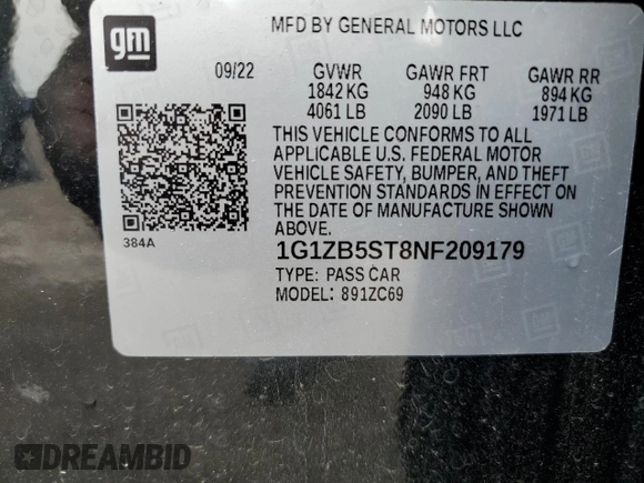2022 Chevrolet Malibu LS with VIN 1G1ZB5ST8NF209179, listed as a Copart auction lot 55484984 with 30,021 mi miles and Clean Title. Bid and sale history available at DreamBid. Image 12.