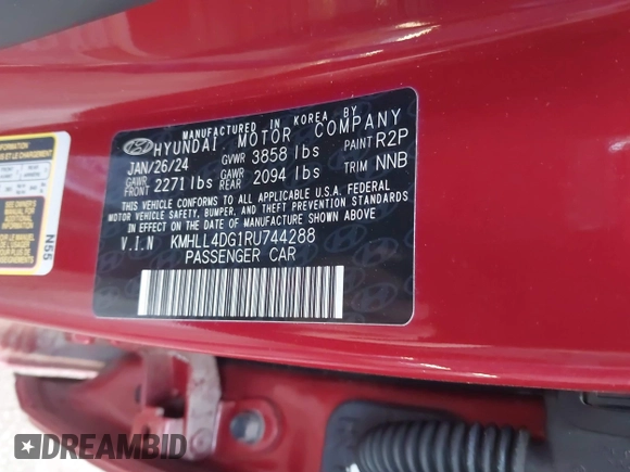 2024 Hyundai Elantra SE with VIN KMHLL4DG1RU744288, listed as a IAAI auction lot 40326384 with 11,656 mi miles and . Bid and sale history available at DreamBid. Image 9.