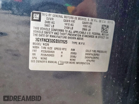 2016 Cadillac SRX Performance Collection with VIN 3GYFNCE32GS507625, listed as a Copart auction lot 61575625 with 47,427 mi miles and Salvage title. Bid and sale history available at DreamBid. Image 13.