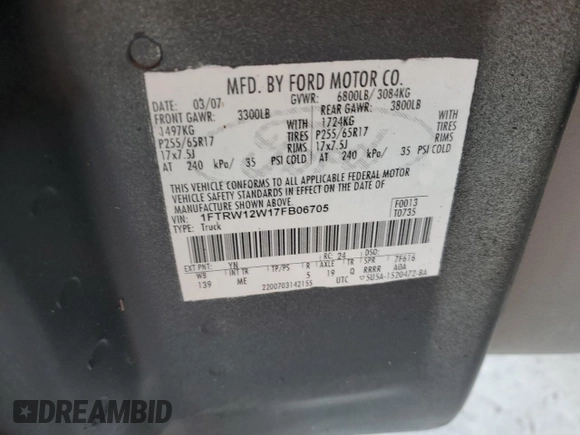 2007 Ford F-150 XLT with VIN 1FTRW12W17FB06705, listed as a Copart auction lot 51570085 with 0 mi miles and Non Repairable. Bid and sale history available at carsss.com. Image 13.