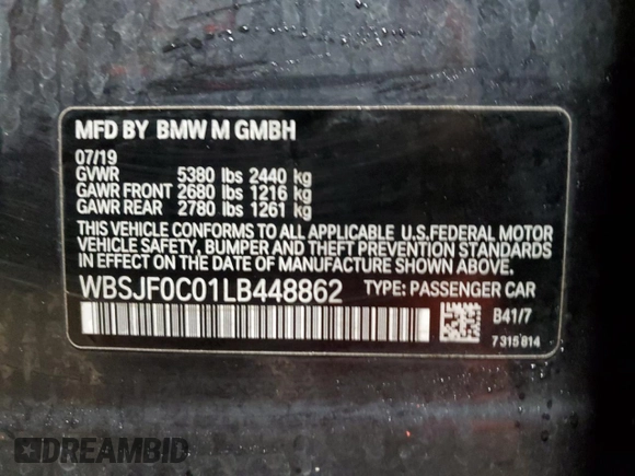 2020 BMW M5 Competition with VIN WBSJF0C01LB448862, listed as a Copart auction lot 87765505 with 17,971 mi miles and Salvage Title. Bid and sale history available at carsss.com. Image 12.