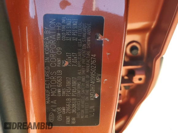 2009 Kia Borrego EX with VIN KNDJH741995027674, listed as a Copart auction lot 42526135 with 118,135 mi miles and Salvage Title. Bid and sale history available at DreamBid. Image 15.