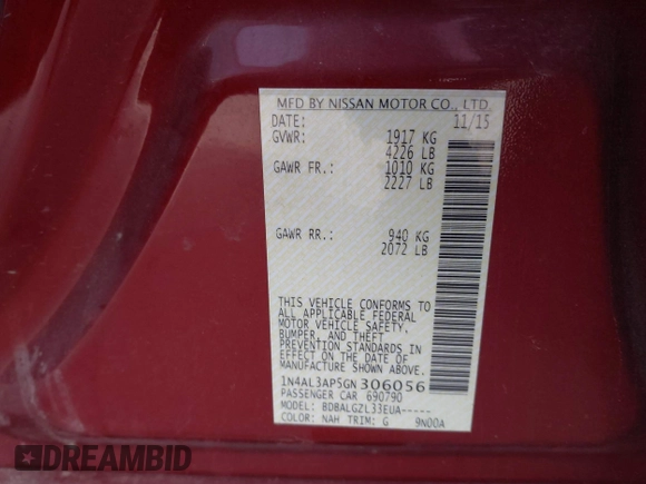 2016 Nissan Altima S with VIN 1N4AL3AP5GN306056, listed as a IAAI auction lot 41849910 with 113,158 mi miles and . Bid and sale history available at DreamBid. Image 9.