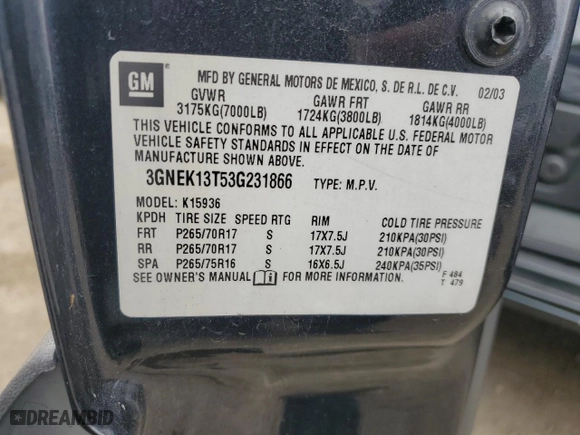 2003 Chevrolet Avalanche with VIN 3GNEK13T53G231866, listed as a Copart auction lot 53393665 with 0 mi miles and Salvage Title. Bid and sale history available at carsss.com. Image 12.