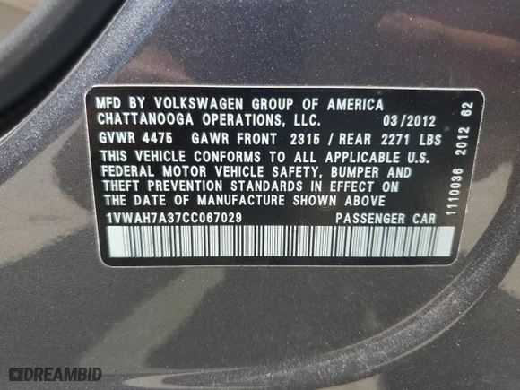 2012 Volkswagen Passat S w/Appearance with VIN 1VWAH7A37CC067029, listed as a Copart auction lot 53512515 with 141,958 mi miles and Salvage Title. Bid and sale history available at carsss.com. Image 13.