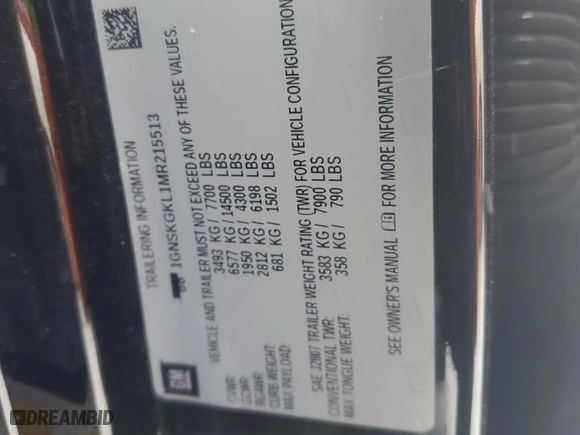 2021 Chevrolet Suburban High Country with VIN 1GNSKGKL1MR215513, listed as a Copart auction lot 44980705 with 134,620 mi miles and Salvage Title. Bid and sale history available at carsss.com. Image 13.