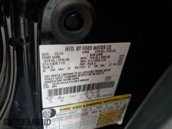 2016 Ford Expedition EL Limited with VIN 1FMJK2ATXGEF46624, listed as a Copart auction lot 73676804 with Not Provided miles and Salvage Title. Bid and sale history available at carsss.com. Image 14.