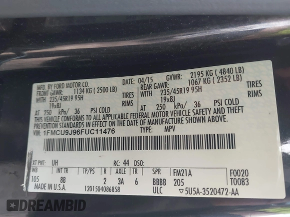 2015 Ford Escape Titanium with VIN 1FMCU9J96FUC11476, listed as a IAAI auction lot 41967914 with 149,341 mi miles. Bid and sale history available at carsss.com. Image 9.