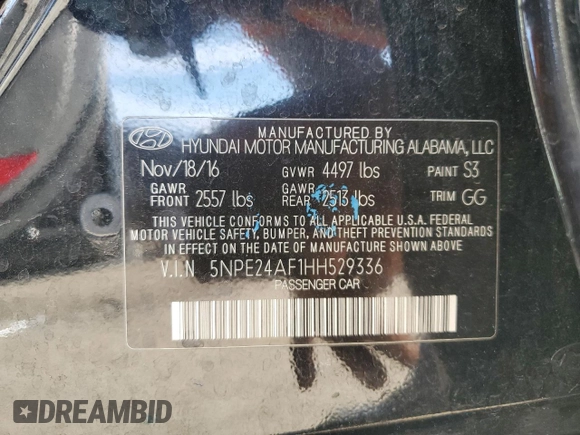2017 Hyundai Sonata SE with VIN 5NPE24AF1HH529336, listed as a Copart auction lot 50405085 with 55,858 mi miles and Salvage Title. Bid and sale history available at DreamBid. Image 13.