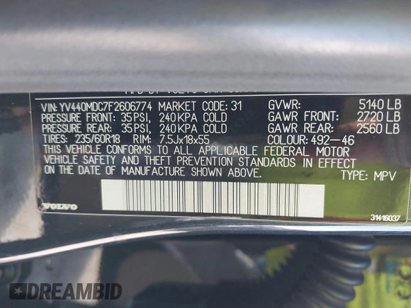 2015 Volvo XC60 T5 Drive-E Premier Plus with VIN YV440MDC7F2606774, listed as a IAAI auction lot 41564034 with 166,758 mi miles. Bid and sale history available at carsss.com. Image 9.