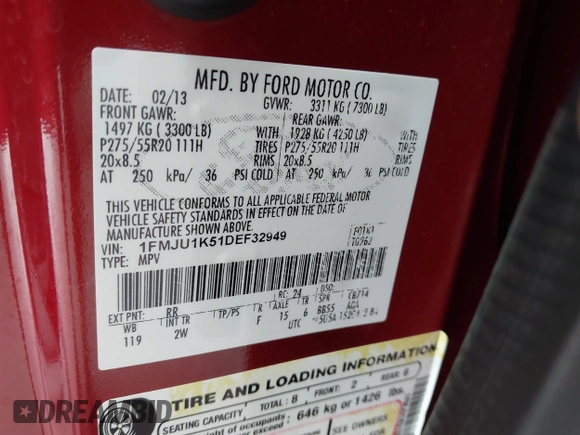 2013 Ford Expedition Limited with VIN 1FMJU1K51DEF32949, listed as a IAAI auction lot 42330247 with 185,150 mi miles and . Bid and sale history available at DreamBid. Image 9.