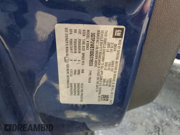 2013 GMC Sierra 1500 SLT with VIN 3GTP2WE70DG378533, listed as a Copart auction lot 59716065 with 233,607 mi miles and Salvage title. Bid and sale history available at DreamBid. Image 12.