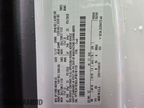 2018 Ford F-150 XL with VIN 1FTEX1EB2JFB18115, listed as a Copart auction lot 57903955 with 137,208 mi miles and Clean title. Bid and sale history available at DreamBid. Image 12.