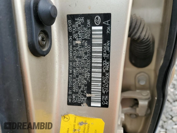2003 Lexus ES 300 with VIN JTHBF30G330137300, listed as a Copart auction lot 52450735 with 204,219 mi miles and Clean Title. Bid and sale history available at DreamBid. Image 12.