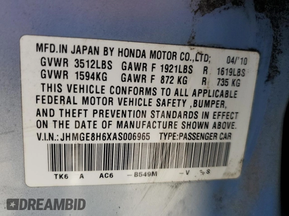 2010 Honda Fit Sport с VIN JHMGE8H6XAS006965, выставлен на аукционе Copart как лот 58011325 с пробегом 113 064 миль миль и Списание • Salvage title. История ставок и продаж доступна на DreamBid. Изображение 13.