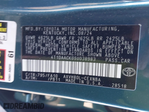 2025 Toyota Camry LE z VIN 4T1DAACK0SU038983, wystawiony jako IAAI lot #42300193 z przebiegiem 8 690 mil mil oraz . Historia ofert i sprzedaży dostępna na DreamBid. Obrazek 9.