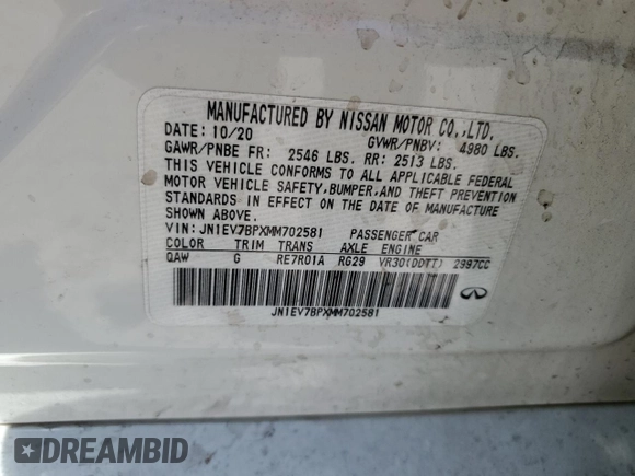 2021 Infiniti Q50 Luxe z VIN JN1EV7BPXMM702581, wystawiony jako Copart lot #55493965 z przebiegiem 109 444 mil mil oraz Szkoda całkowita • Salvage title. Historia ofert i sprzedaży dostępna na DreamBid. Obrazek 12.