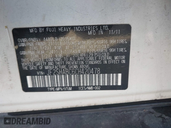 2012 Subaru Forester X with VIN JF2SHABC6CH420478, listed as a IAAI auction lot 41780336 with 259,833 mi miles and . Bid and sale history available at DreamBid. Image 9.