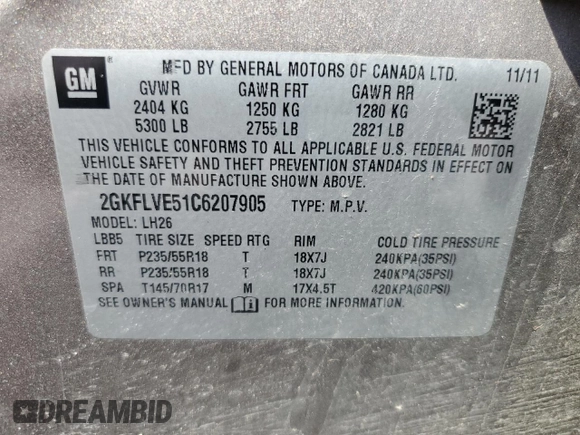 2012 GMC Terrain SLT-1 z VIN 2GKFLVE51C6207905, wystawiony jako Copart lot #59204275 z przebiegiem 168 147 mil mil oraz Czysty tytuł • Clean title. Historia ofert i sprzedaży dostępna na DreamBid. Obrazek 13.