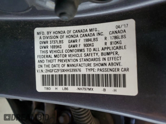 2017 Honda Civic LX with VIN 2HGFC2F5XHH539976, listed as a Copart auction lot 60558865 with 79,519 mi miles and Salvage title. Bid and sale history available at DreamBid. Image 13.