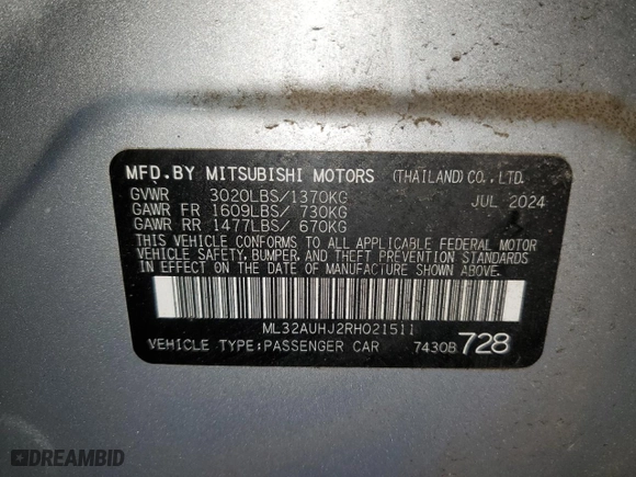2024 Mitsubishi Mirage ES with VIN ML32AUHJ2RH021511, listed as a Copart auction lot 48790455 with 12894 miles and Salvage Title. Bid and sale history available at carsss.com. Image 13.