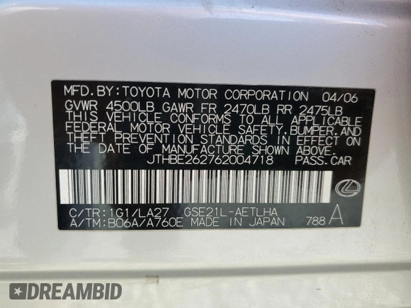 2006 Lexus IS 350 z VIN JTHBE262762004718, wystawiony jako Copart lot #57899455 z przebiegiem 95 723 mil mil oraz Szkoda całkowita • Salvage title. Historia ofert i sprzedaży dostępna na DreamBid. Obrazek 13.