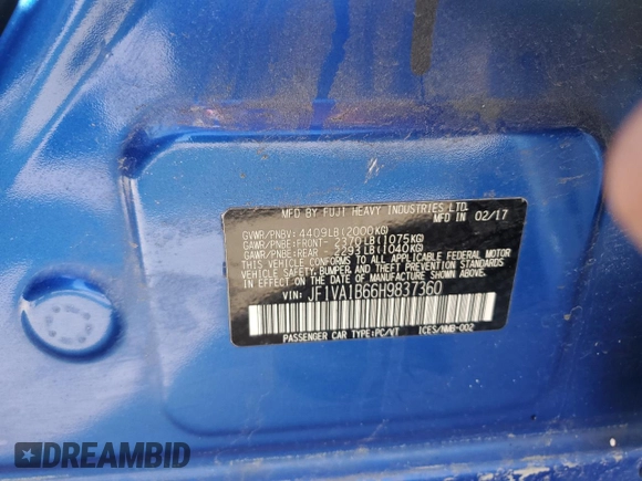 2017 Subaru WRX z VIN JF1VA1B66H9837360, wystawiony jako Copart lot #55223115 z przebiegiem Nie podano mil oraz Szkoda całkowita • Salvage title. Historia ofert i sprzedaży dostępna na DreamBid. Obrazek 12.