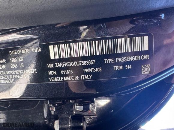 2018 Alfa Romeo Giulia Quadrifoglio with VIN ZARFAEAVXJ7583657, listed as a Copart auction lot 85448254 with 47,568 mi miles and Clean Title. Bid and sale history available at carsss.com. Image 10.