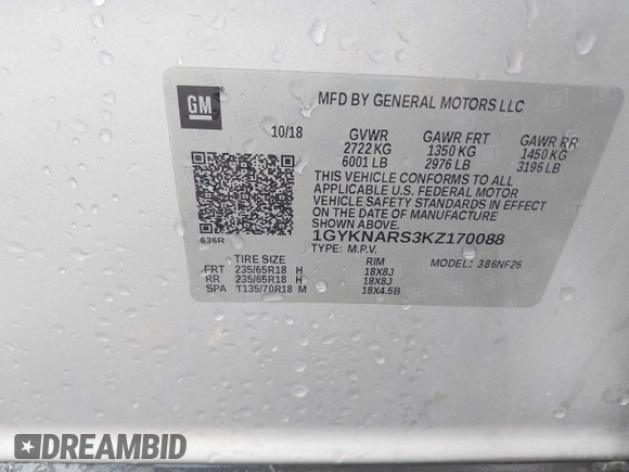 2019 Cadillac XT5 FWD with VIN 1GYKNARS3KZ170088, listed as a IAAI auction lot 42119355 with Not provided miles and . Bid and sale history available at DreamBid. Image 9.