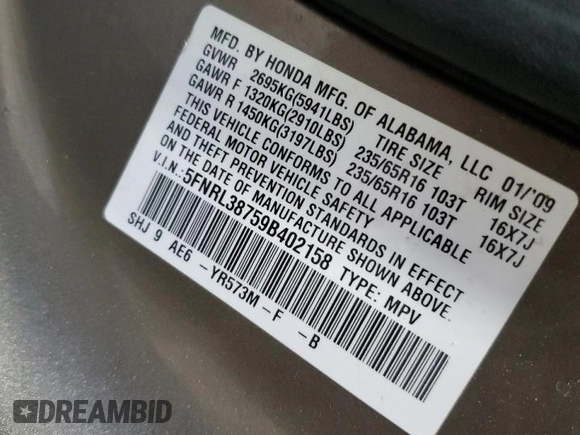 2009 Honda Odyssey EX-L with VIN 5FNRL38759B402158, listed as a Copart auction lot 52025715 with 239,340 mi miles and Salvage Title. Bid and sale history available at carsss.com. Image 14.