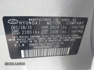 2017 Hyundai Elantra SE z VIN KMHD74LF0HU075074, wystawiony jako IAAI lot #40008080 z przebiegiem 110 533 mil mil oraz . Historia ofert i sprzedaży dostępna na DreamBid. Obrazek 9.