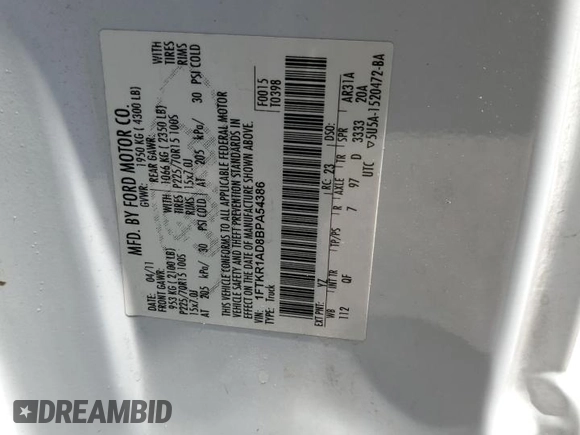 2011 Ford Ranger XL z VIN 1FTKR1AD8BPA54386, wystawiony jako Copart lot #58412835 z przebiegiem 85 137 mil mil oraz Szkoda całkowita • Salvage title. Historia ofert i sprzedaży dostępna na DreamBid. Obrazek 12.